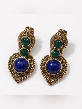 Vintage craft signed earrings blue green stone evil eye blue stone